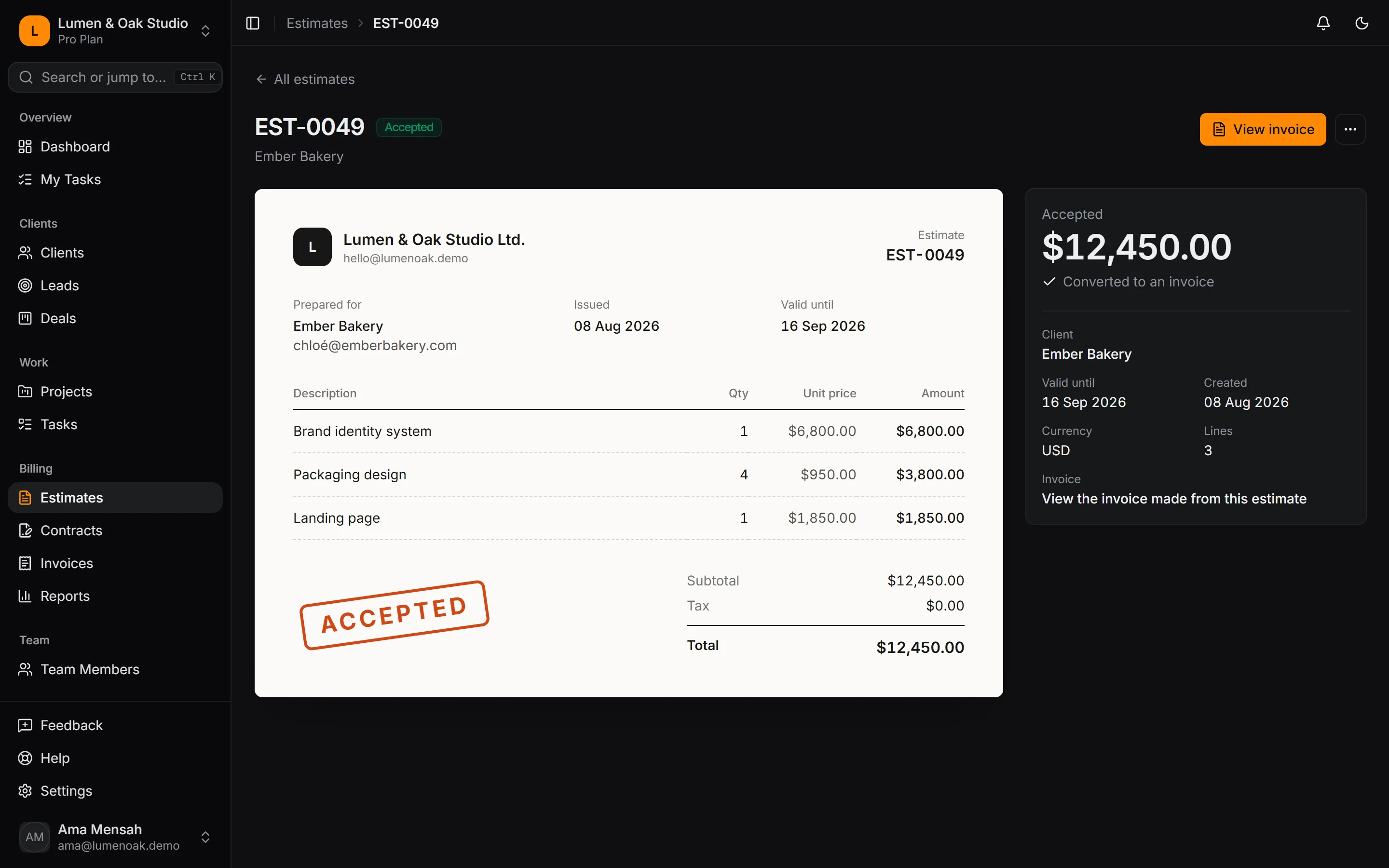 An accepted estimate for Ember Bakery with line items and totals